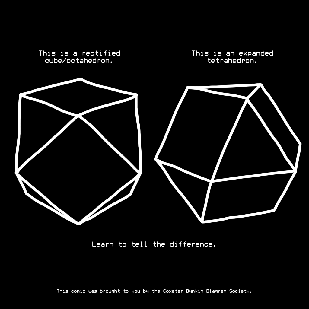 single panel comic with two large shape images, both being cuboctahedra. the text above one reads "this is a rectified cube/octahedron", and the other reads "this is an expanded tetrahedron". below it is text that says "learn to tell the difference", followed by "this comic was brought to you by the coxeter dynkin diagram society".